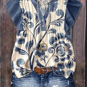 Floral Print Women's Top - Blue and Cream 2XL